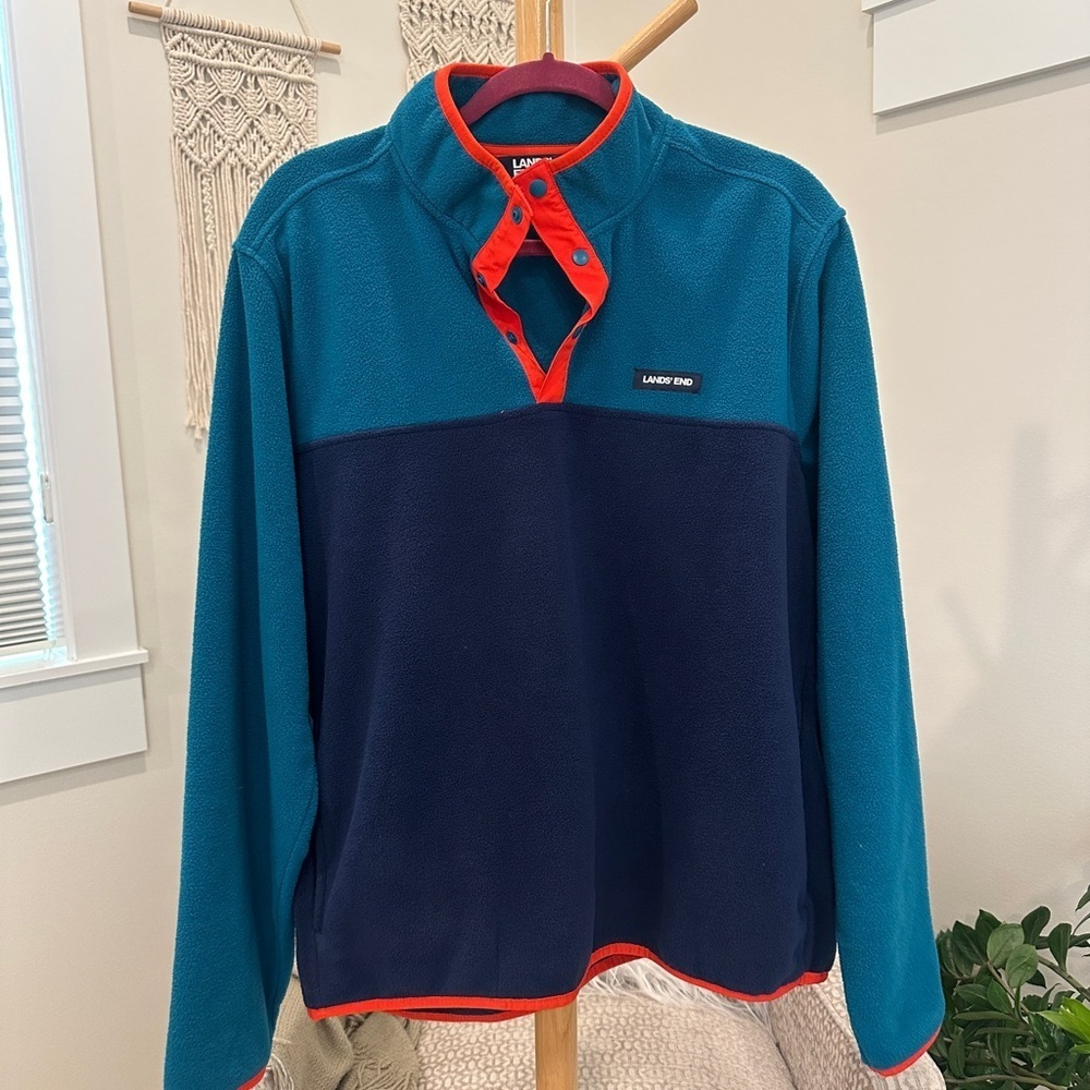 Lands' End Teal and Red Fleece Pullover, L / XL